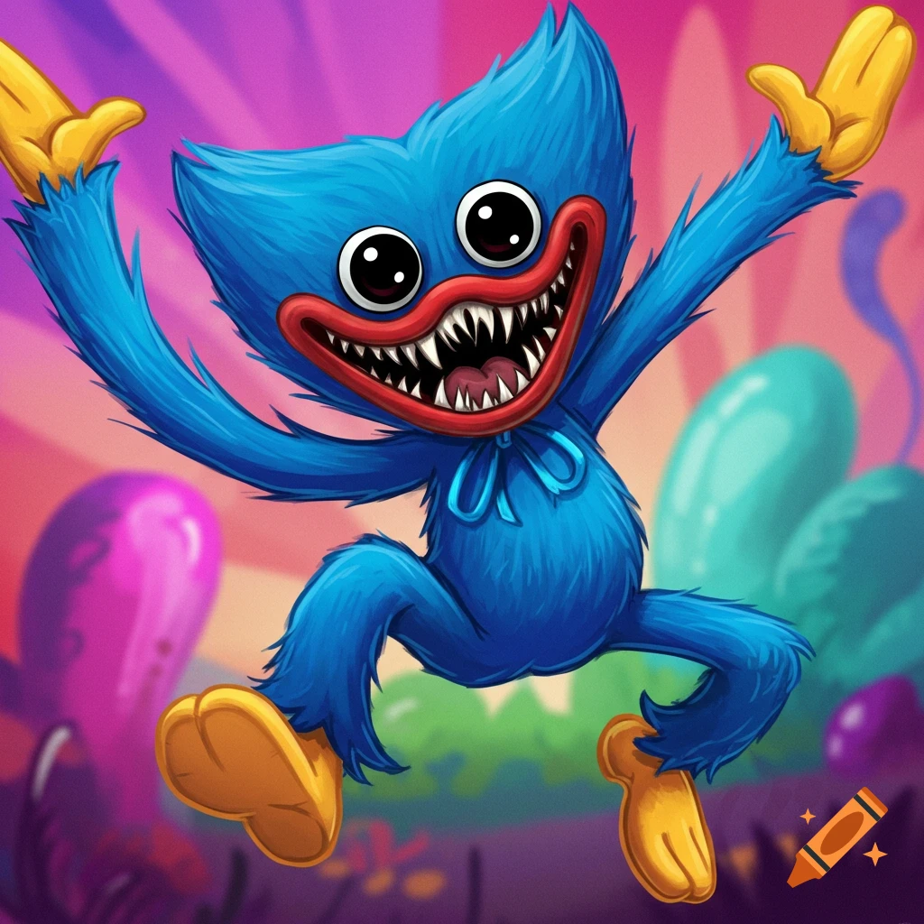 A blue furry monster character with large eyes and a toothy grin, jumping