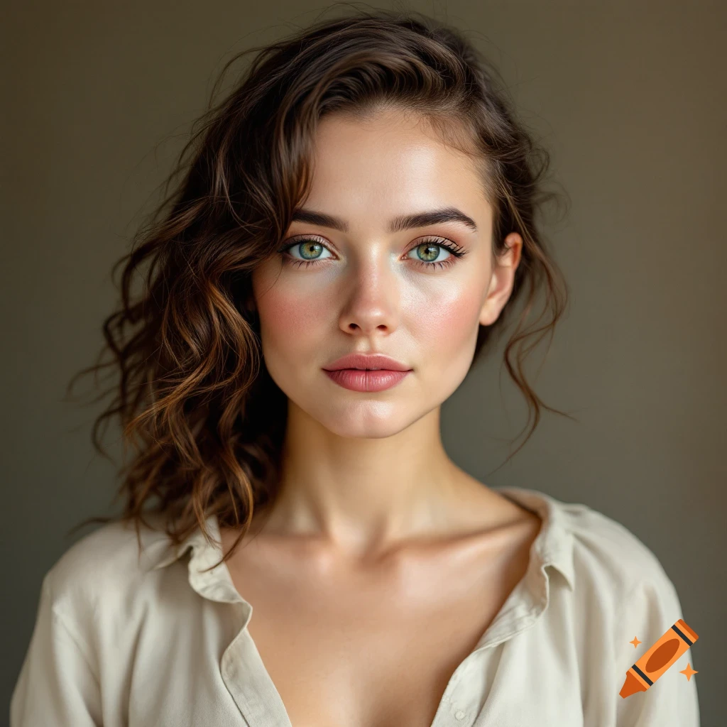 Close-up photorealistic portrait of a woman with wavy brown hair and green eyes
