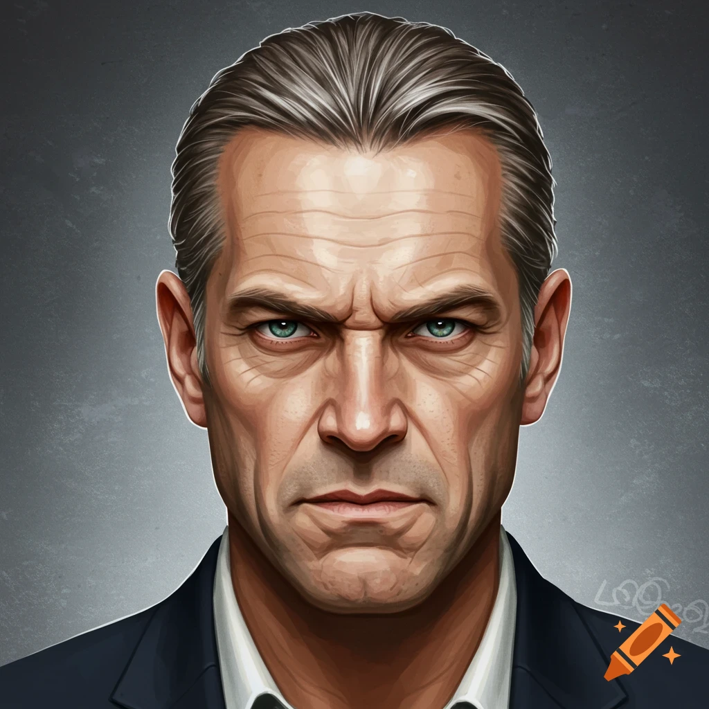 A stern man with graying hair, blue eyes, and wrinkles, wearing a suit jacket.