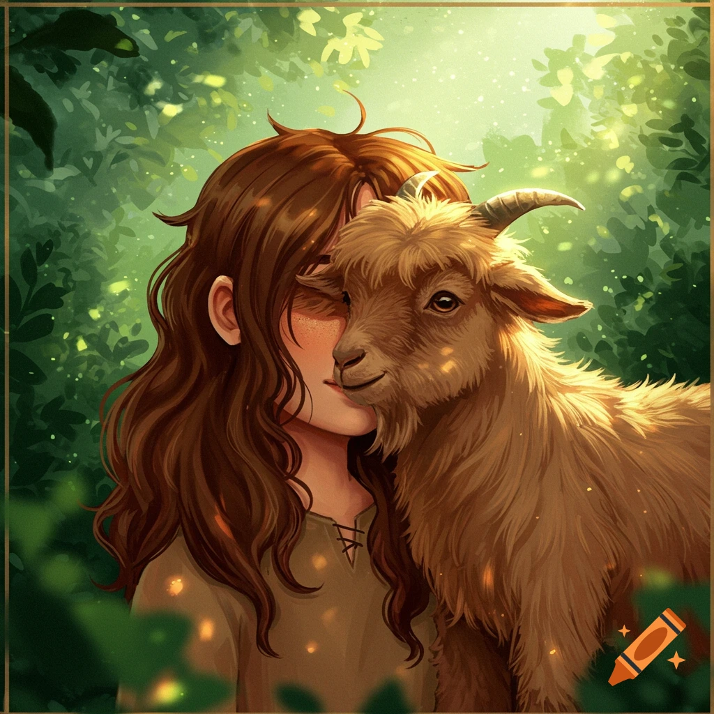 A girl hugs a fluffy goat in a dappled forest.