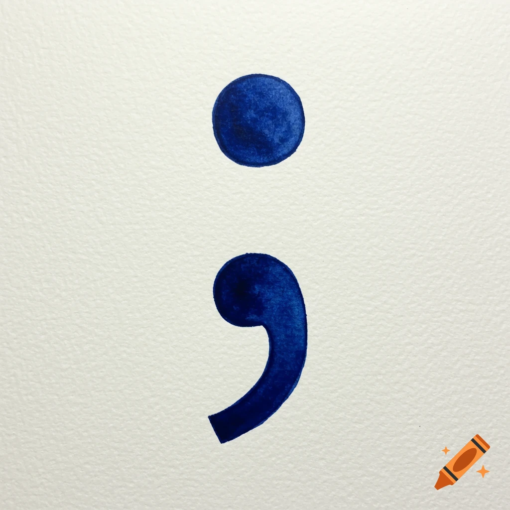 A blue watercolor semicolon on a white background.