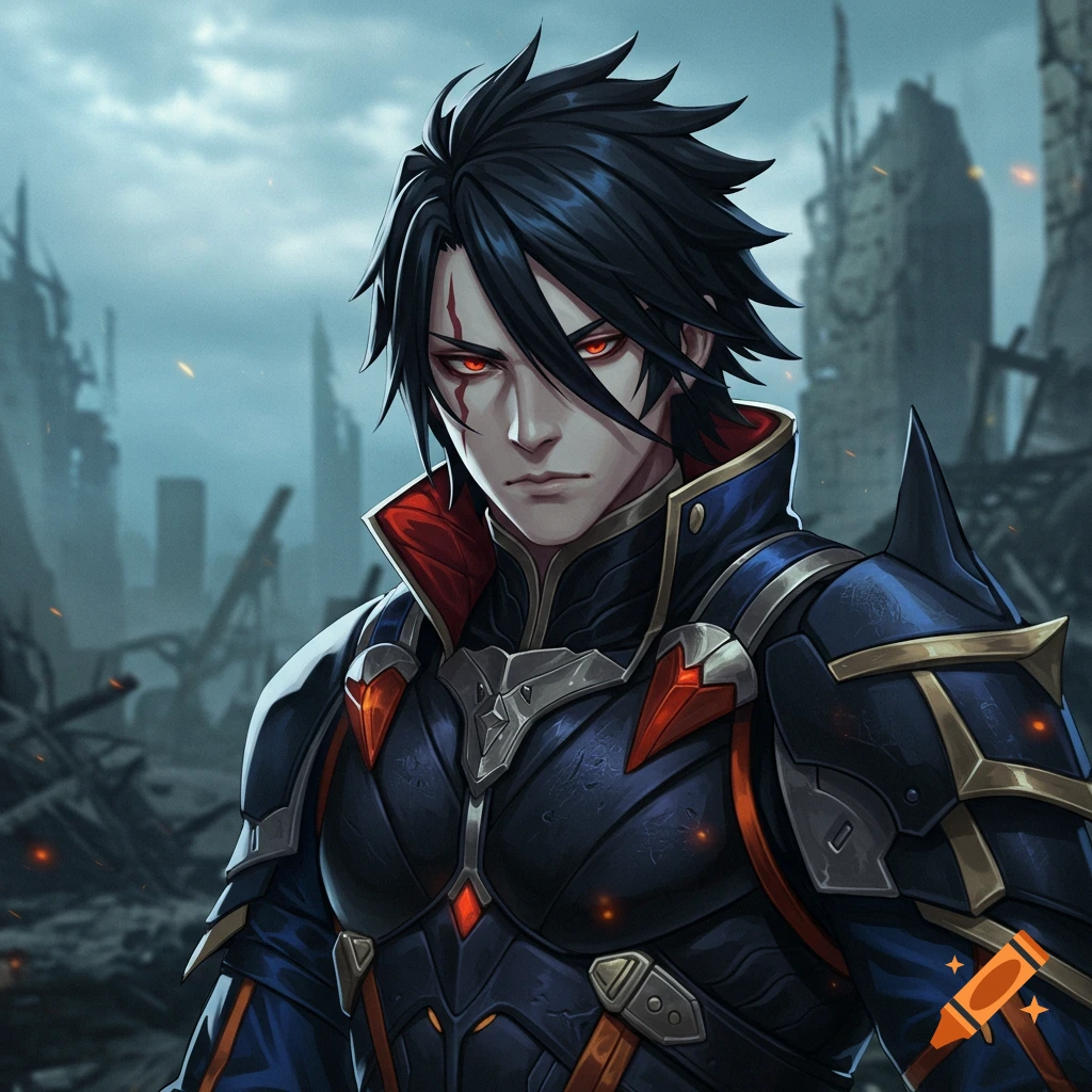 Anime style portrait of a dark-haired character in detailed armor with glowing red eyes against a ruined city background.