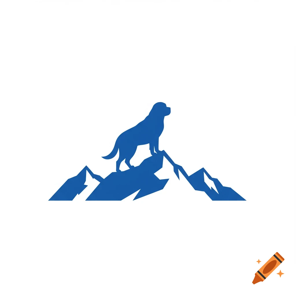 Blue silhouette logo of a dog standing on a mountain peak