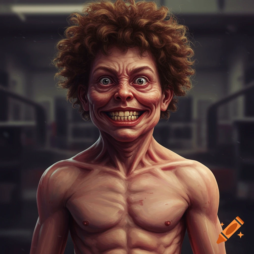 A grotesque figure with curly hair and muscular body, grinning widely.