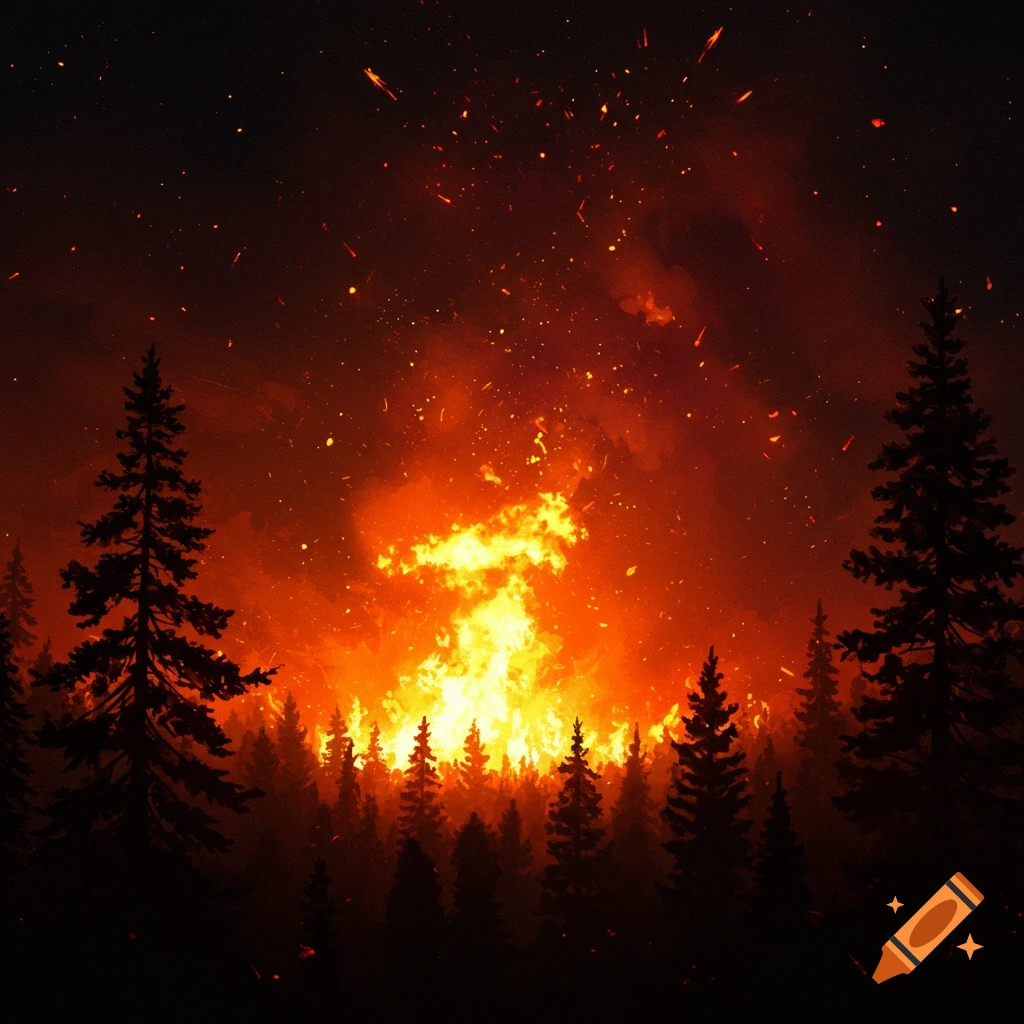 A crown forest fire lighting up the night sky.