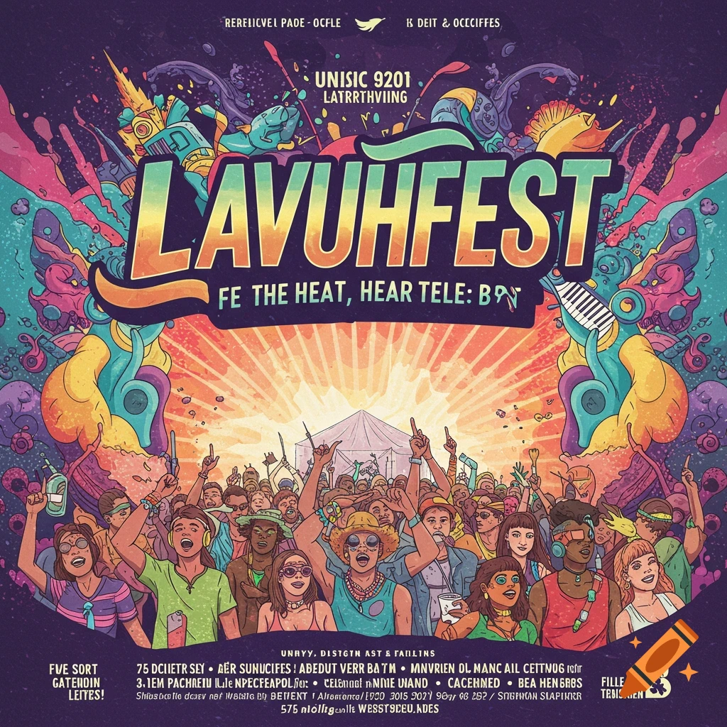 A vibrant, stylized poster illustration for a music festival showing a large crowd cheering with colorful abstract shapes around the title.