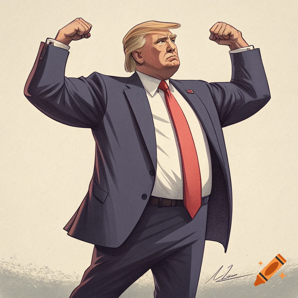Cartoon illustration of Donald Trump flexing large biceps in a suit.