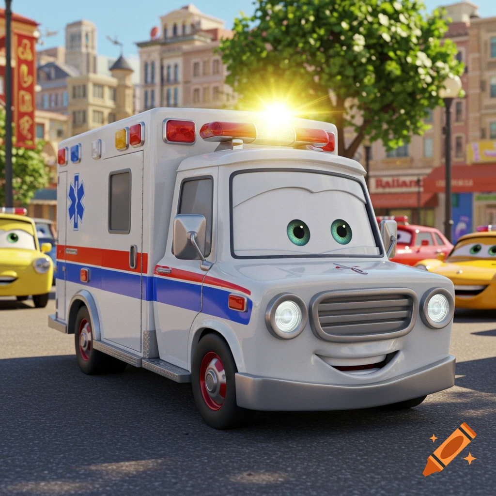 An animated white ambulance character with eyes and a smile in the style of Pixar Cars drives on a city street.