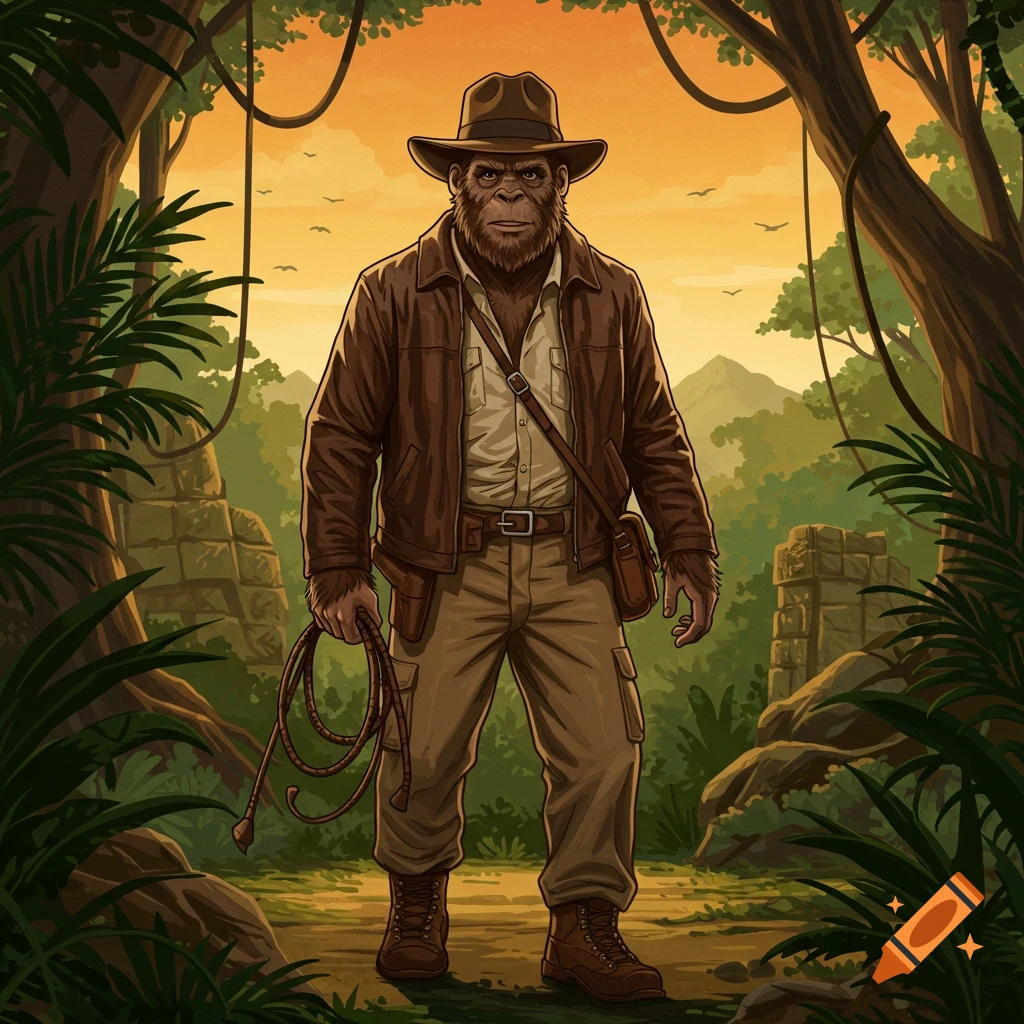 A sasquatch dressed as Indiana Jones stands in jungle ruins, holding a whip.