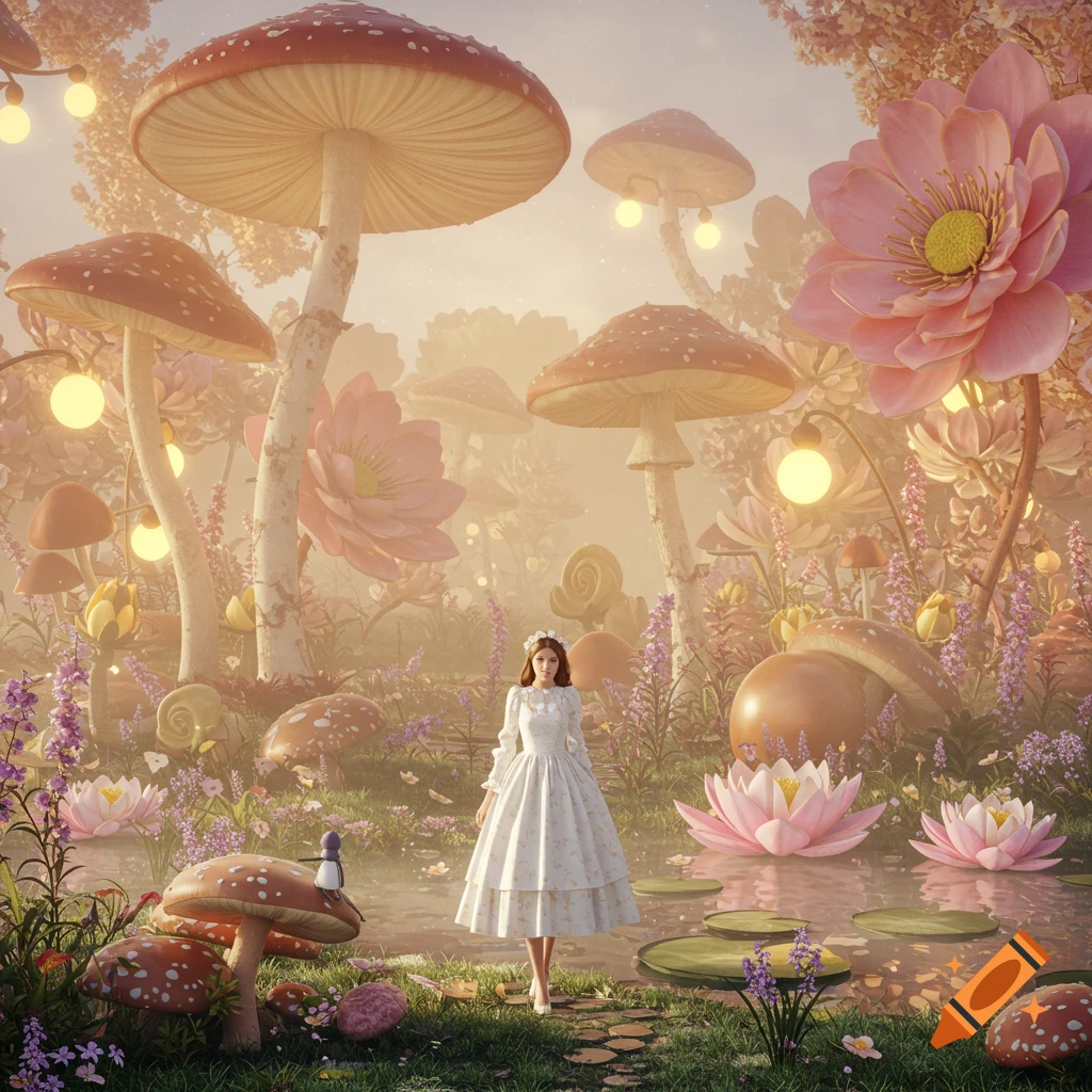 A woman in a white dress stands in a surreal fantasy garden with giant mushrooms and pink flowers.