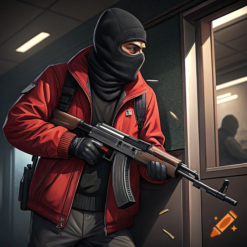 Stylized image of a bank robber in a red jacket and balaclava holding an assault rifle.