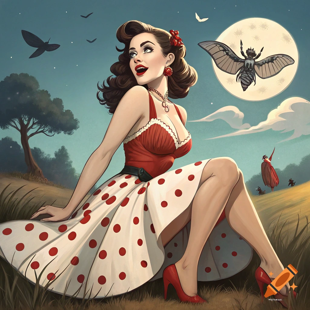 Pinup illustration of a woman in a dress sitting in a field at night with a large moth creature under the moon.