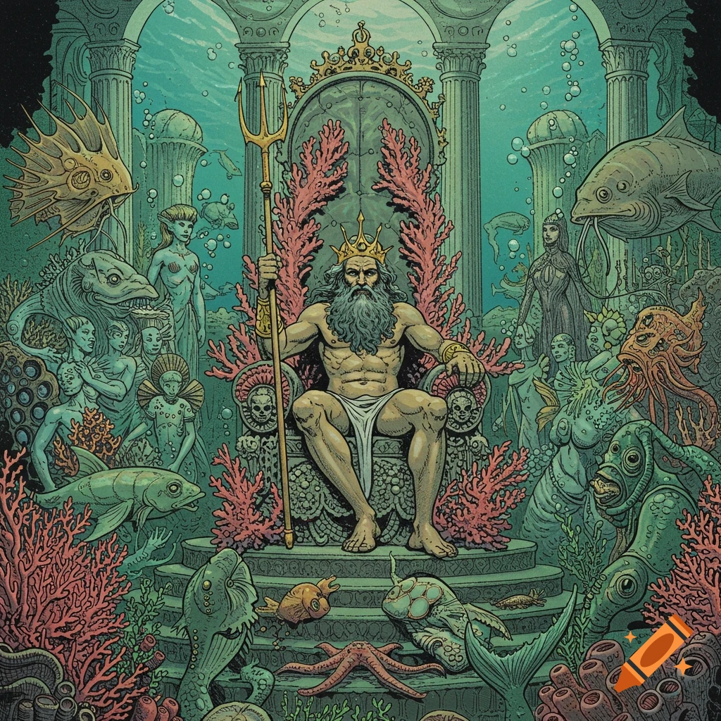 Poseidon on a throne in his underwater royal court, surrounded by sea creatures and mythological figures, in an intricate illustrative style.