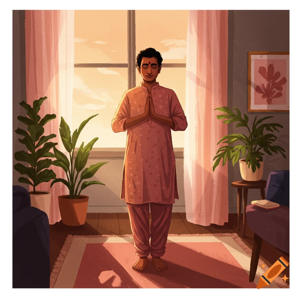 A man in a pink kurta is standing with his hands pressed together in prayer in a sunlit room.