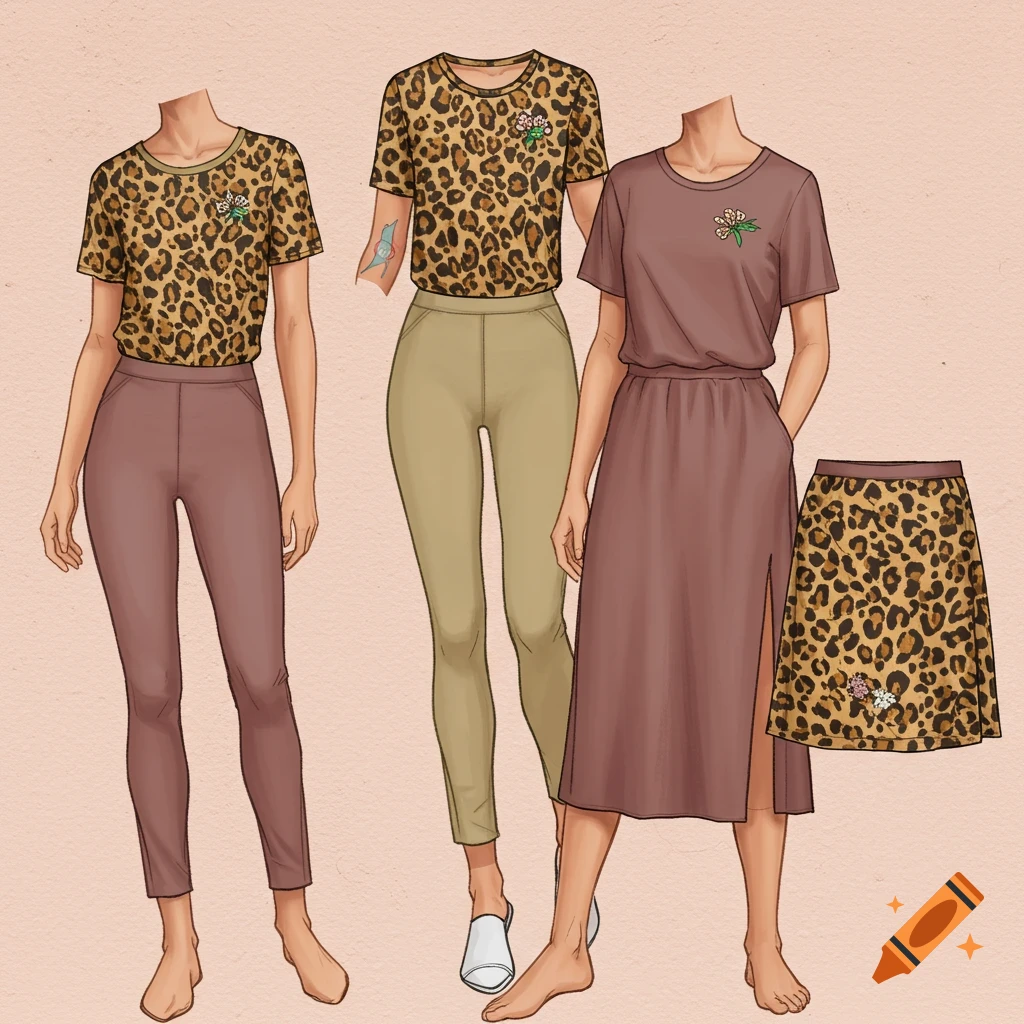 Illustration of headless figures modeling various arthritis-friendly clothing items including leopard print tops, pants, a dress, and a skirt.