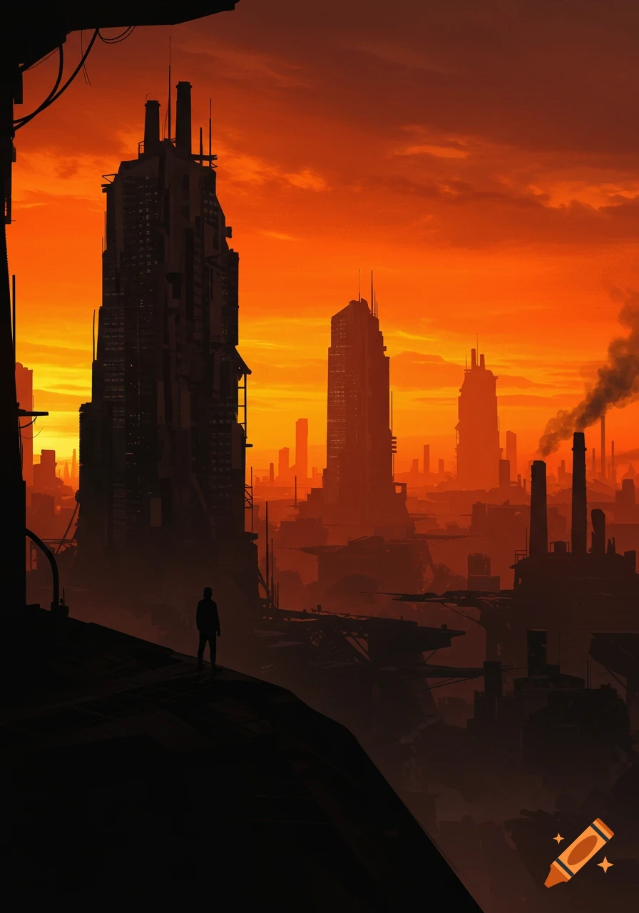Silhouette of a person overlooking a hazy dystopian cityscape at sunset.