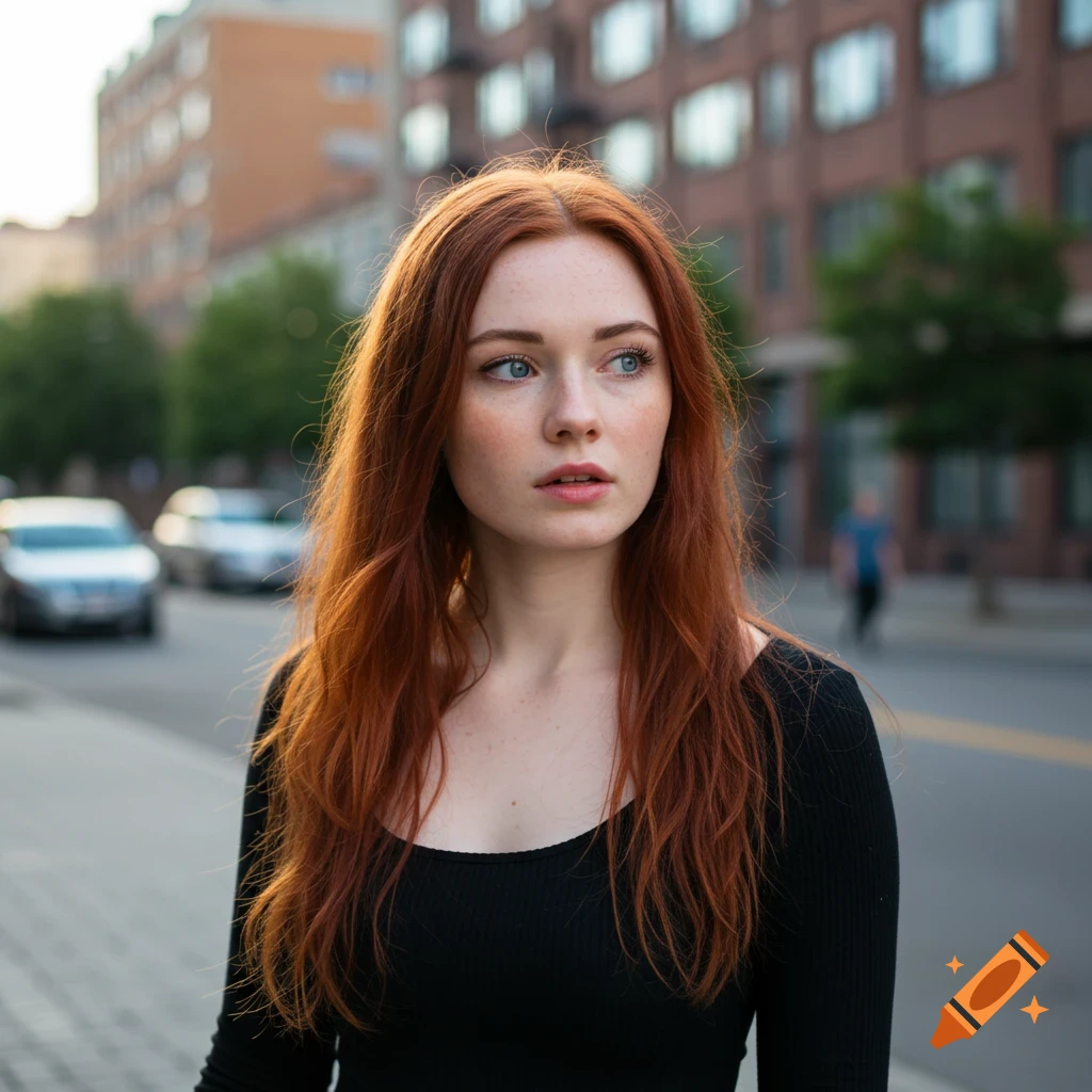 Photorealistic portrait of a young woman with red hair and freckles on a city street