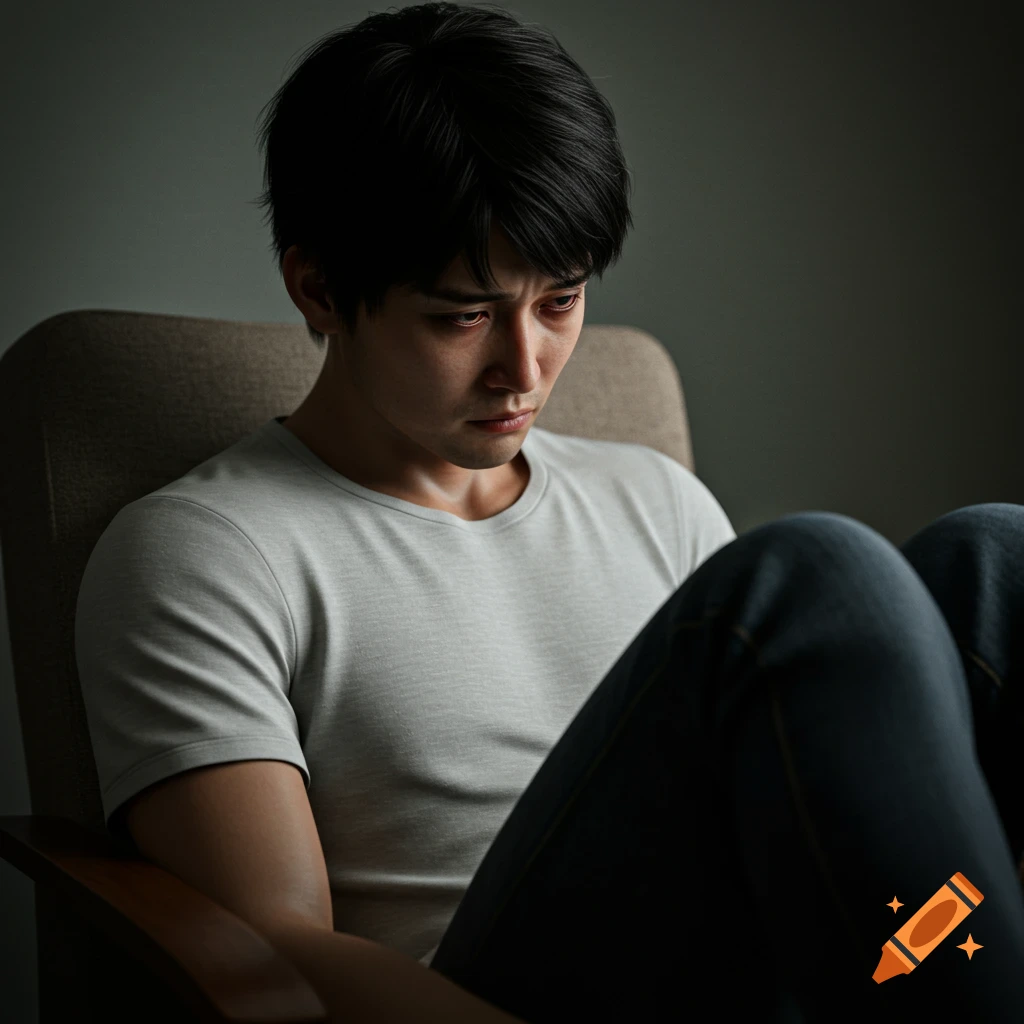 A close-up 3D render of a tired man sitting in a chair, looking down.