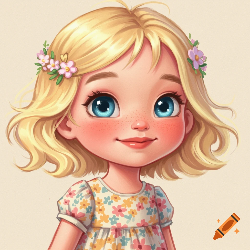 A blonde girl with blue eyes, freckles, and a floral dress, in a children's book illustration style.