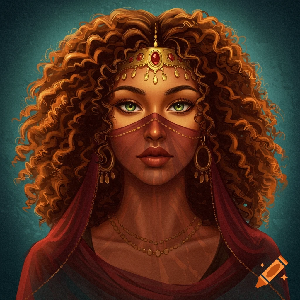 Portrait of a fantasy woman with curly hair, green eyes, and a veil, wearing jewelry.