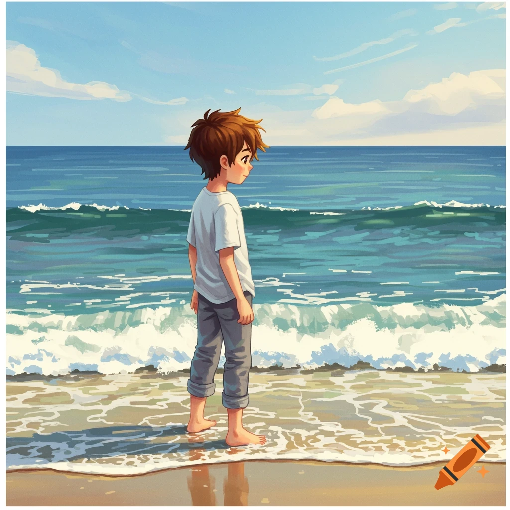 Anime of a boy standing on a beach looking at the ocean.