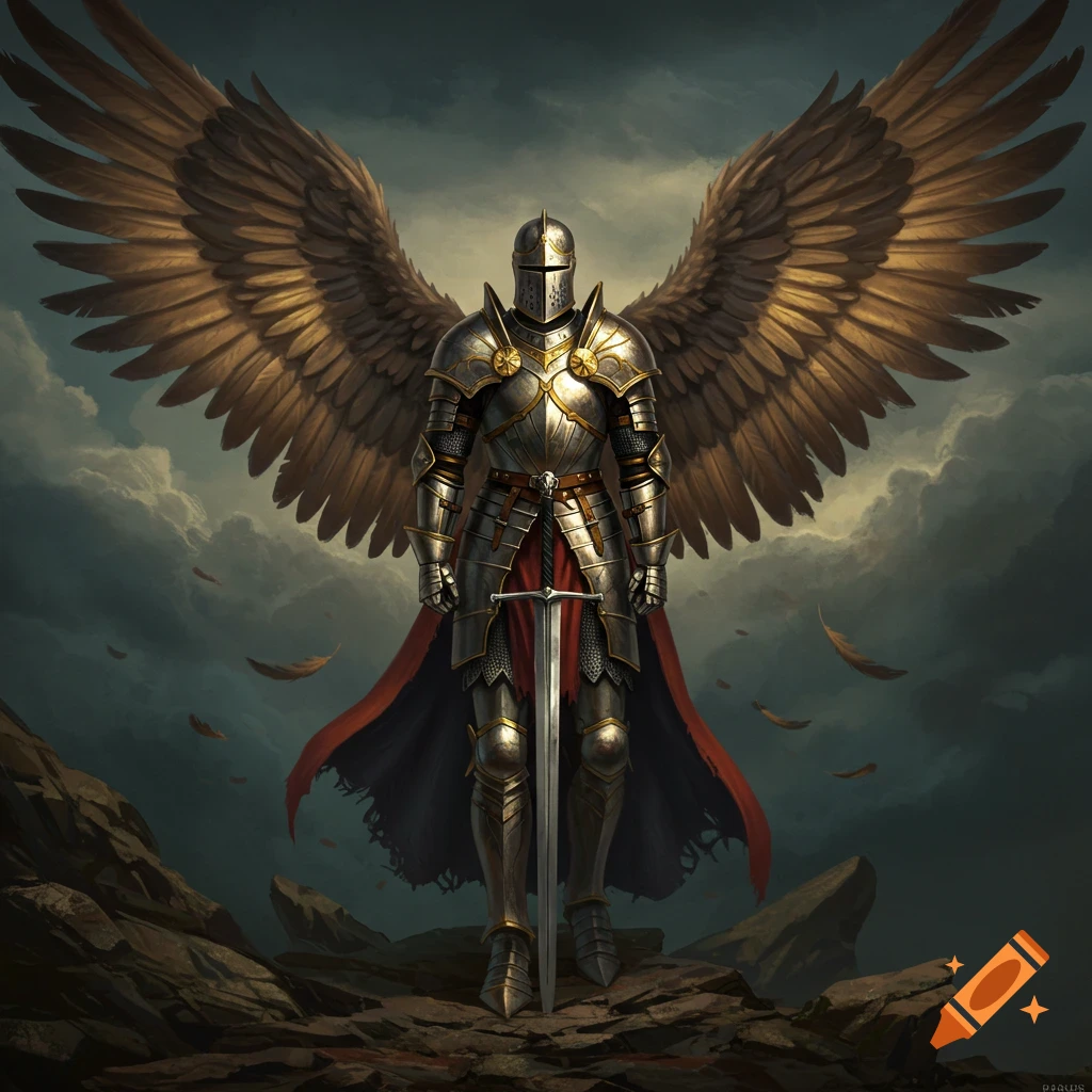 An armored knight with large golden wings stands on rocks under a stormy sky, with falling feathers