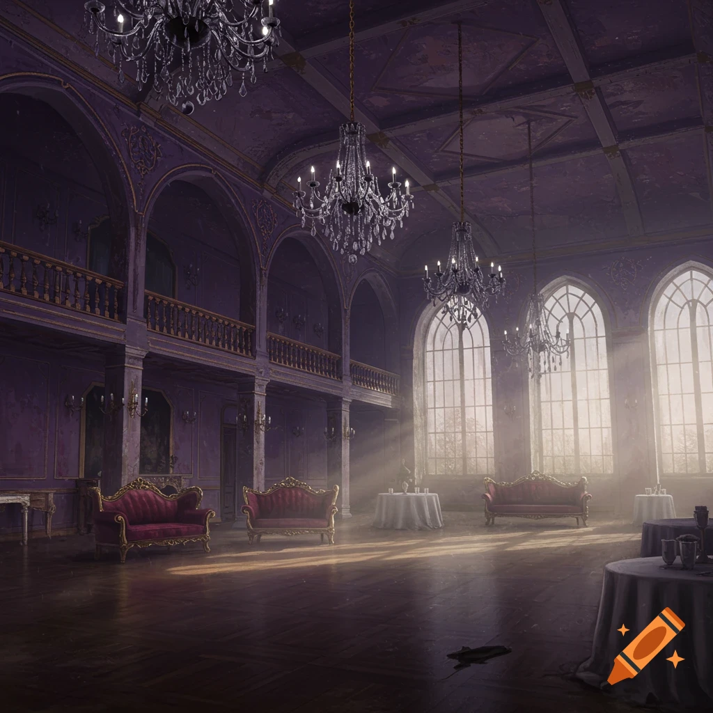 A forgotten purple ballroom with chandeliers, large arched windows, sunlight streaming in, sofas, and tables.