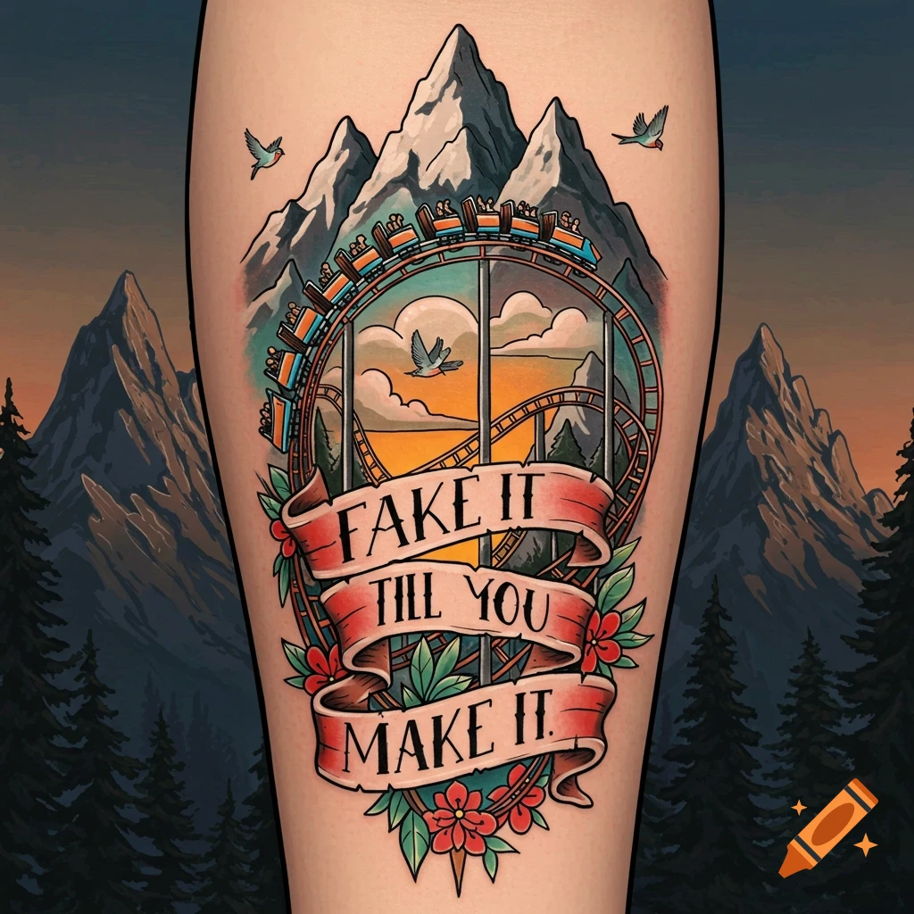 A tattoo design featuring a roller coaster, mountains, birds, and a banner with the text 'FAKE IT TILL YOU MAKE IT'.