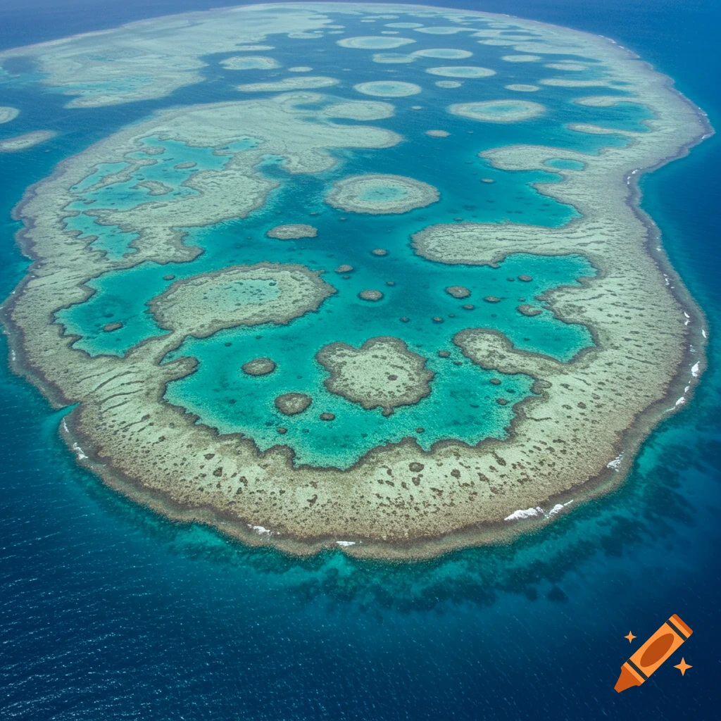 Aerial view of a large coral reef system in a blue ocean.