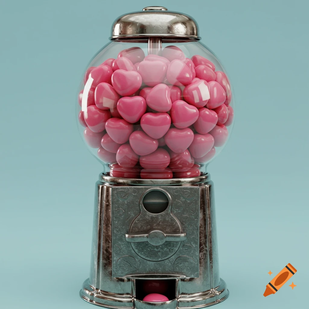 Gumball machine filled with pink heart shaped candies on a light blue background.