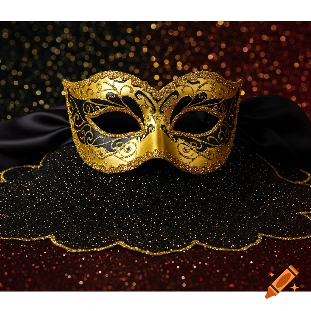 A gold and black masquerade mask rests on a black glittery surface with a blurred background of gold and red lights.