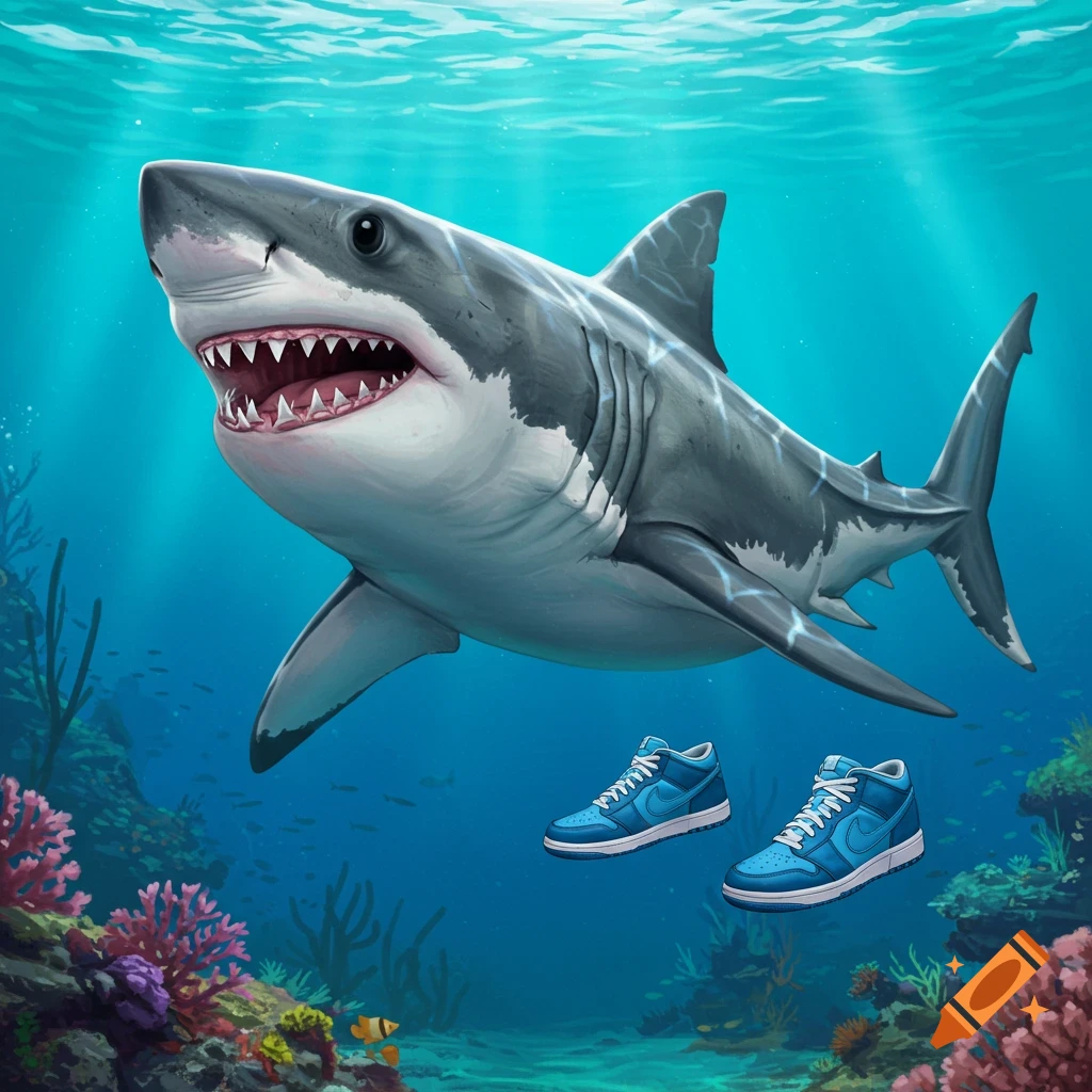 A shark swimming underwater with two blue sneakers floating nearby.