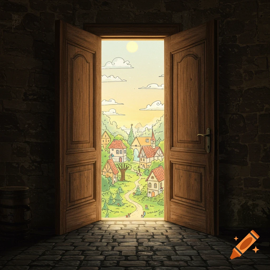 An open wooden door reveals a colourful cartoon fantasy village landscape viewed from a dark stone room.