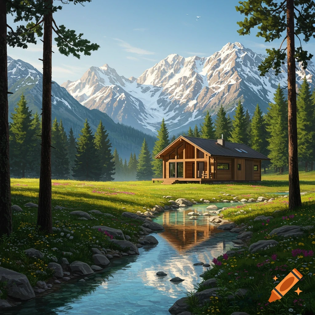 A wooden cabin by a stream in a meadow with pine trees and snow-capped mountains.