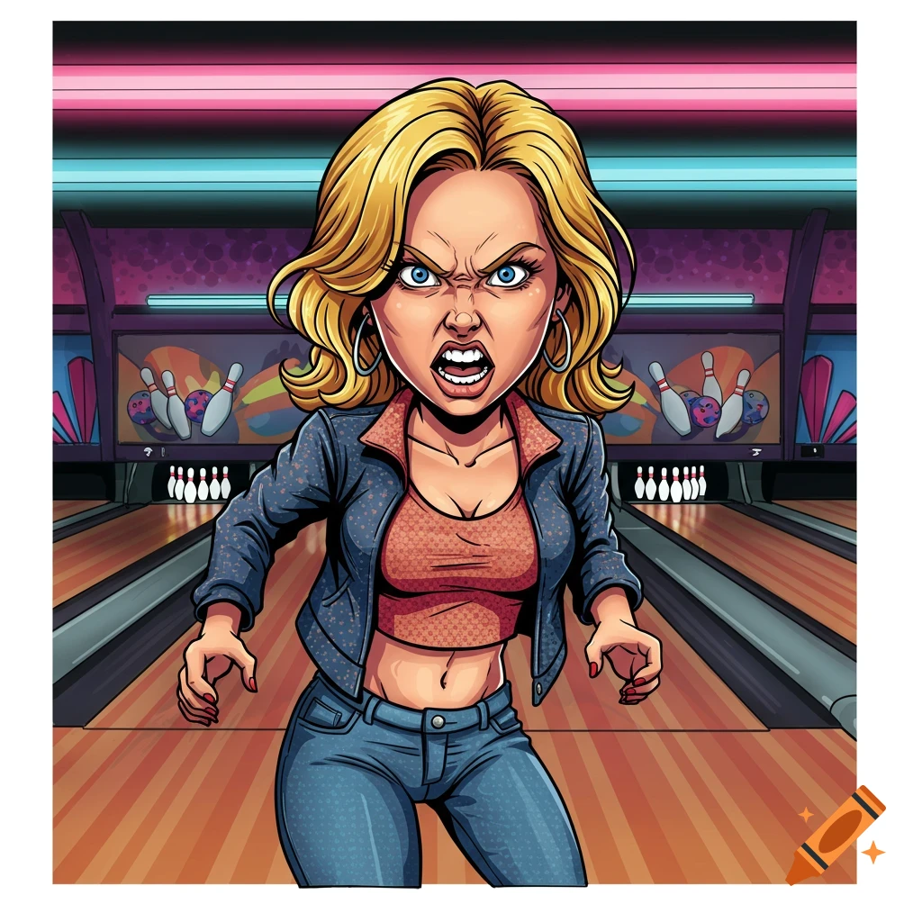 Cartoon caricature of an angry blonde woman at a bowling alley.