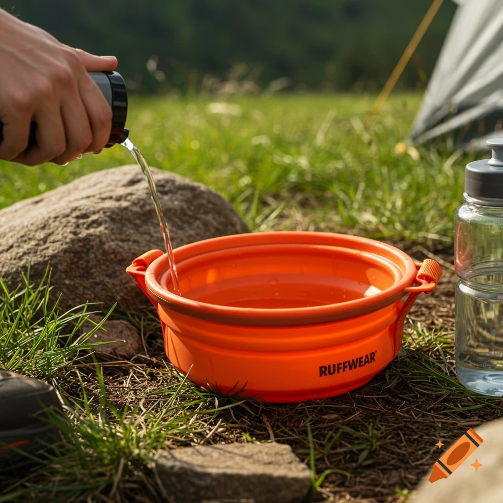Person pours water into orange Ruffwear dog bowl outdoors near tent