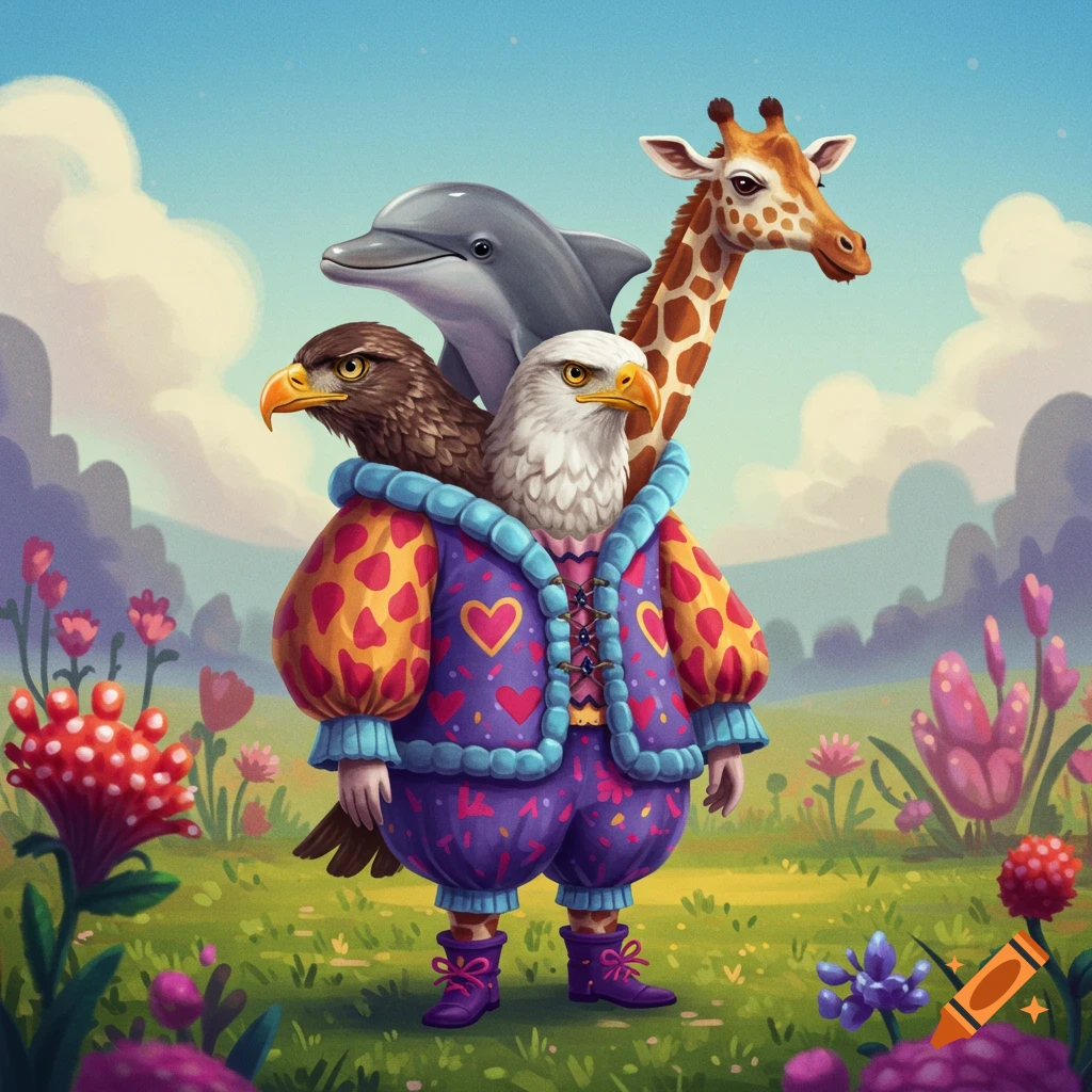 Fantasy depiction of a creature with dolphin, eagle, and giraffe heads in a colorful costume in a field.