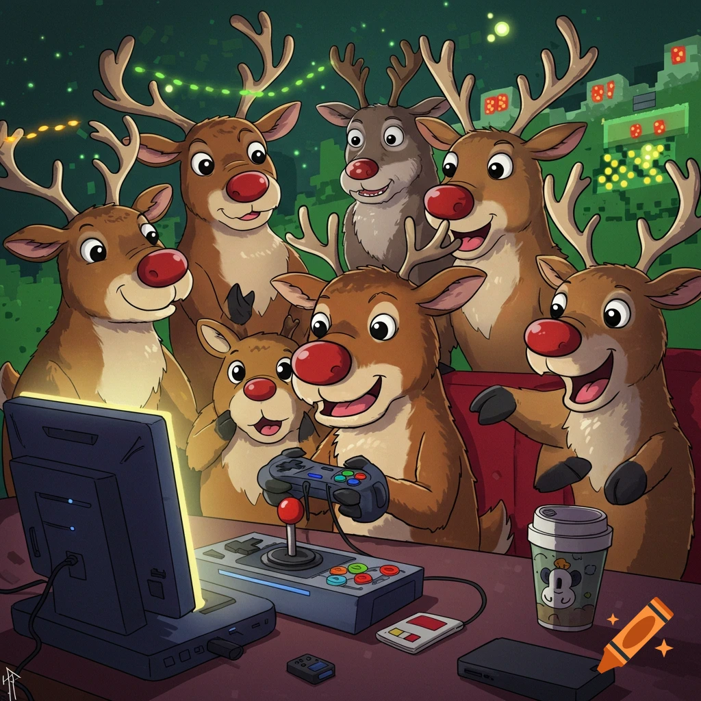 Cartoon reindeers playing video games in a room with pixelated buildings in the background.