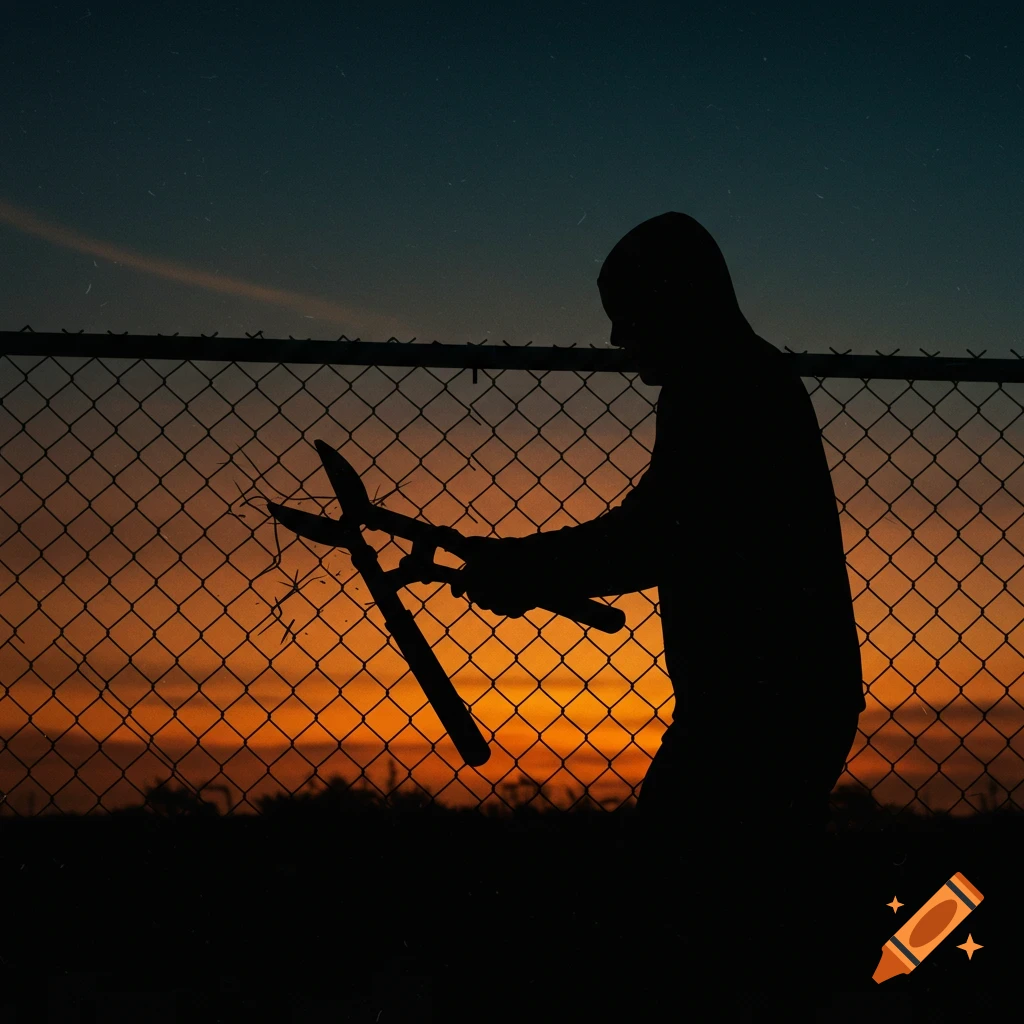 Silhouette cutting a wire fence with large tools at sunset.