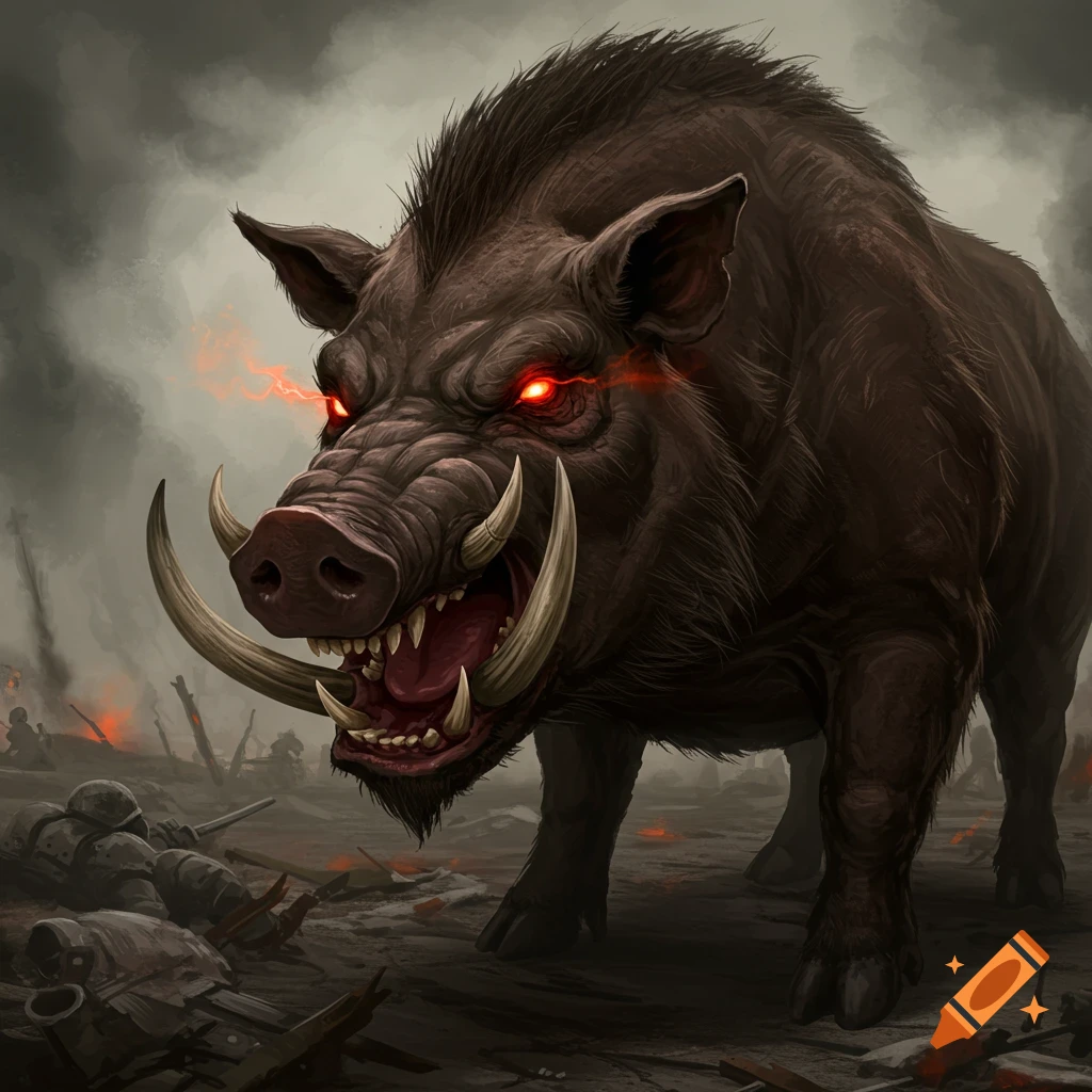 A fierce boar with glowing red eyes stands on a battlefield.
