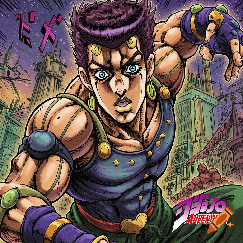 A muscular anime character in a dynamic pose with a city background and stylized text.