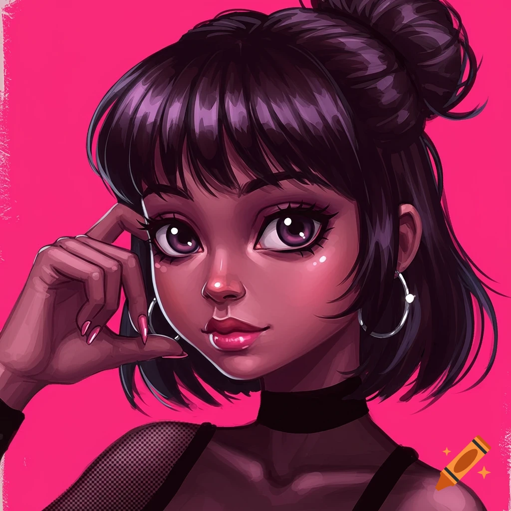 Portrait of a woman with dark hair and purple eyes against a pink background.