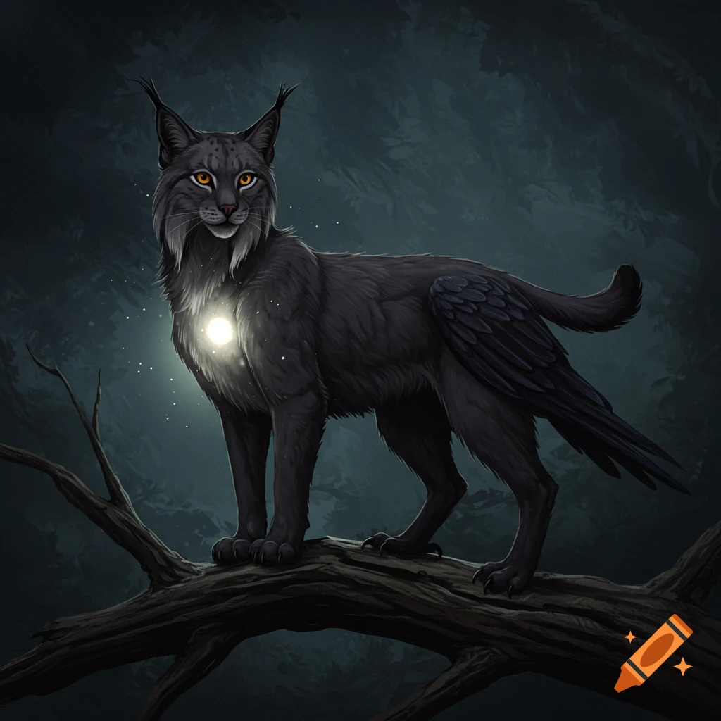 A dark hybrid creature with a lynx body and raven wings, and a glowing chest. It stands on a tree branch at night.