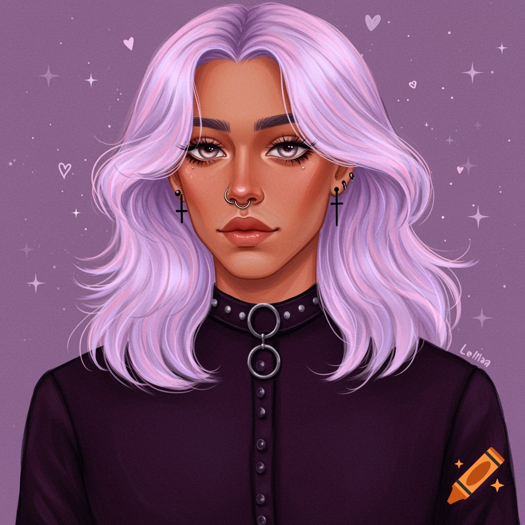 Digital portrait of a person with pastel purple hair and goth clothing against a purple background.
