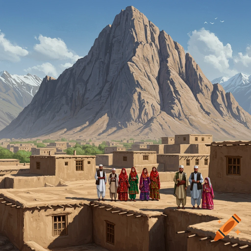 Afghan people in traditional clothing stand on a village rooftop with a large mountain behind them.