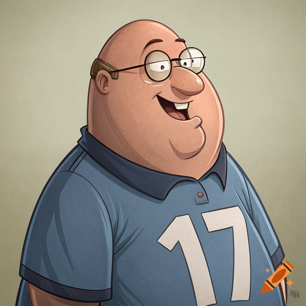 Cartoon illustration of a large bald man with glasses and a blue shirt with the number 17