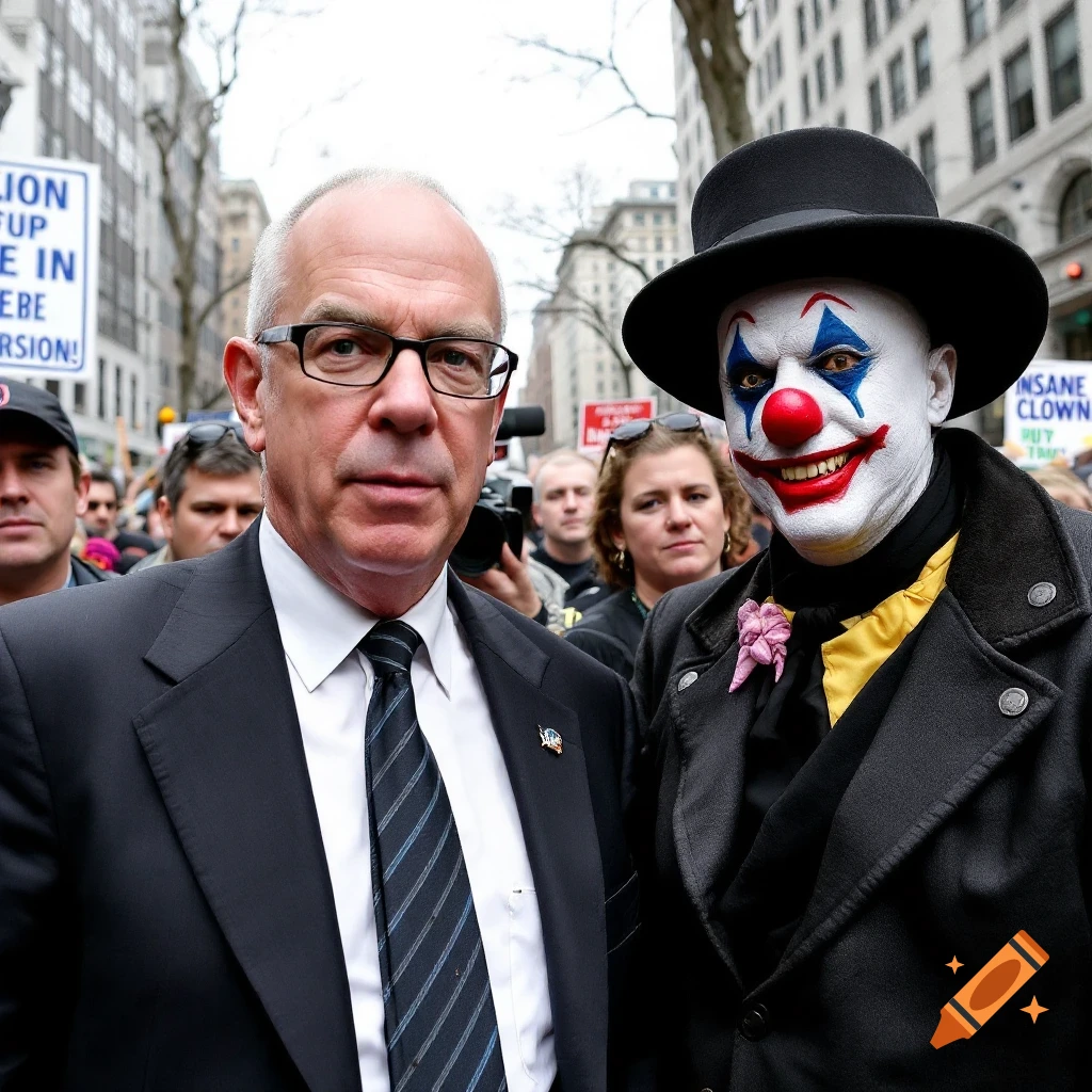 A man in a suit stands next to a person dressed as a clown during a street protest.