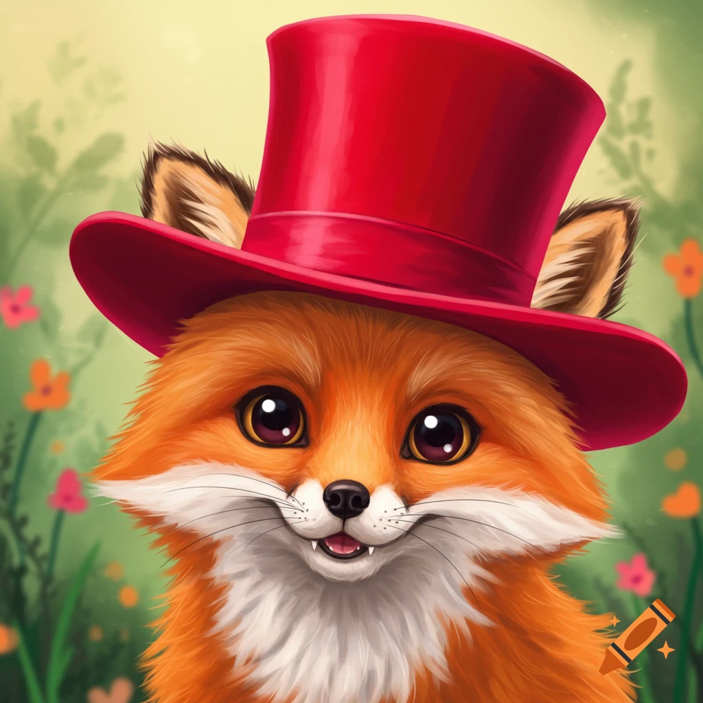 A cute fox in a red top hat
