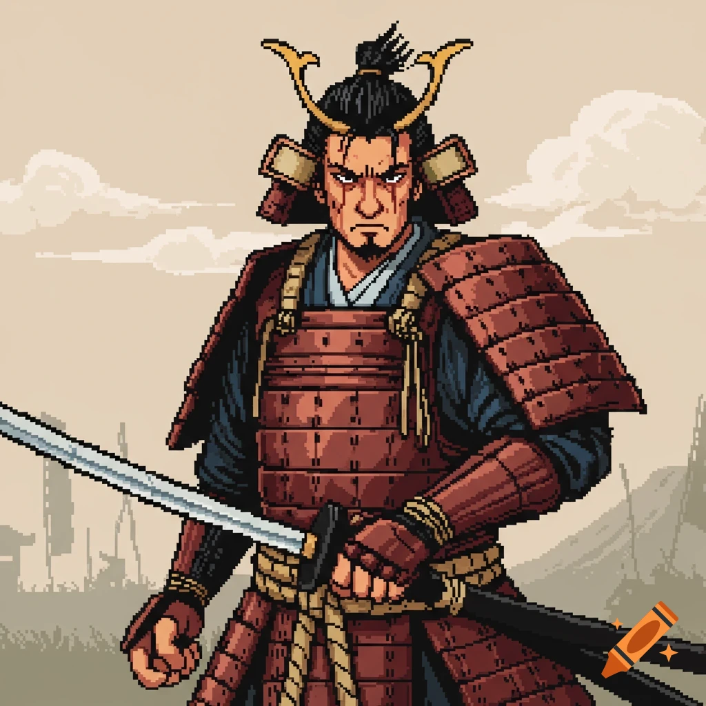 A pixel art depiction of a samurai warrior holding a sword.