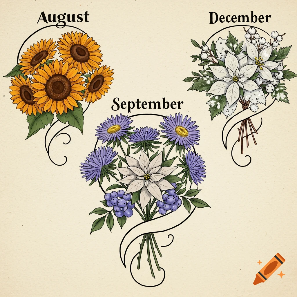 Three floral bouquets labeled August (sunflowers), September (asters and poinsettia), and December (poinsettia and berries) in an illustration style.